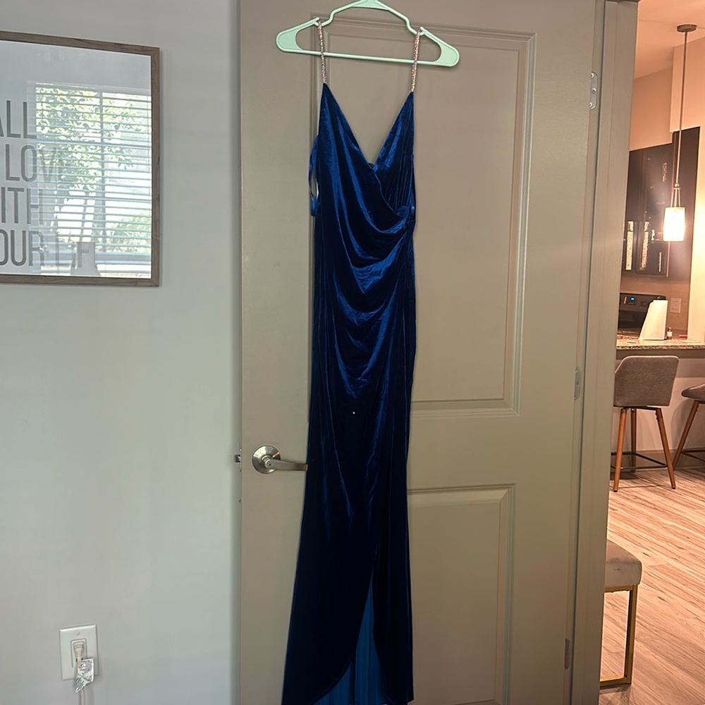 Satin blue long dress formal